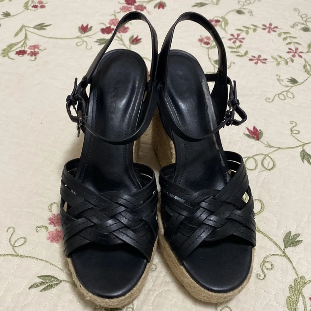Coach Dottie Black Wedge Espadrille Charms Semi Matte Calf Sz 8 Summer Coquette